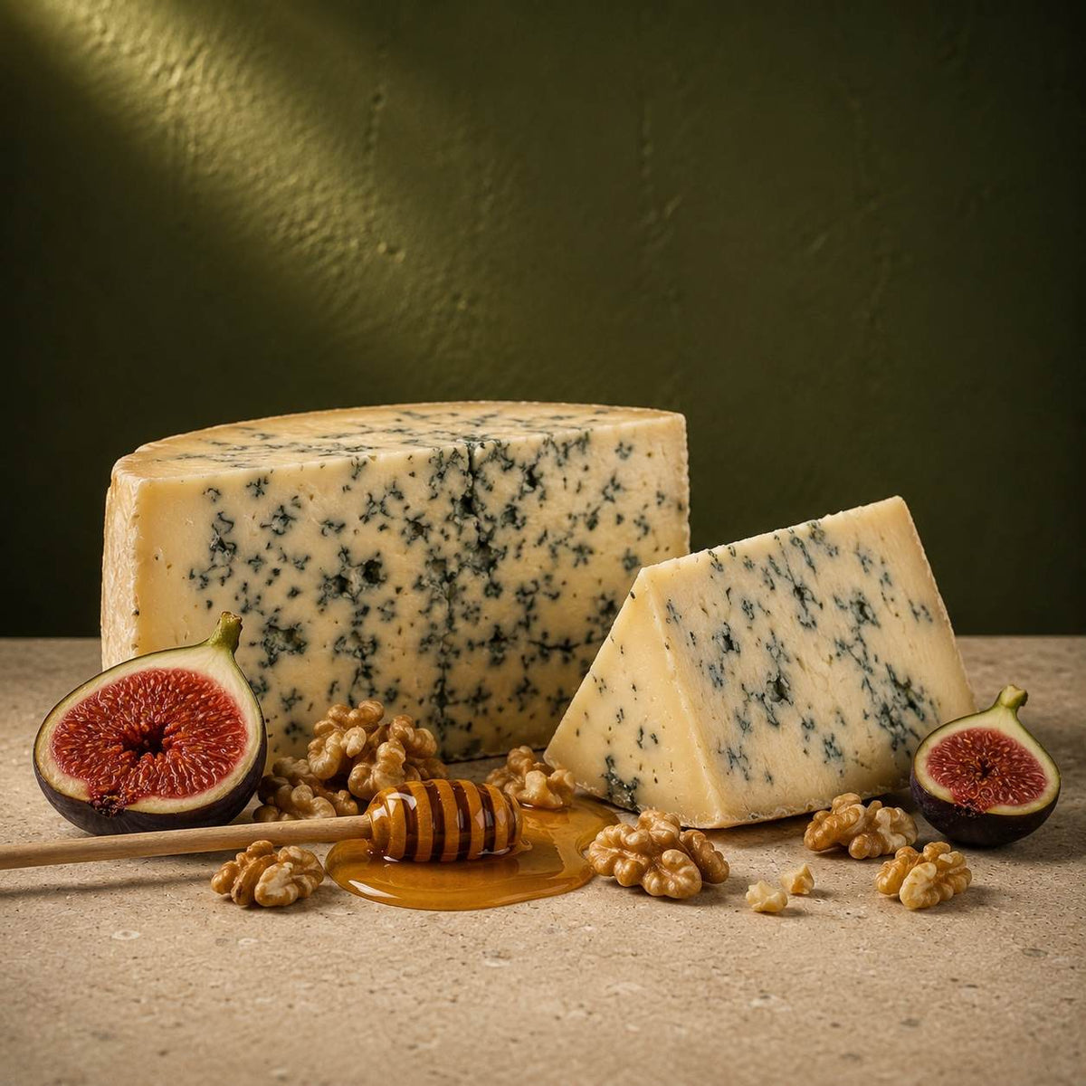 Blue cheese wedges with figs, honey and walnuts