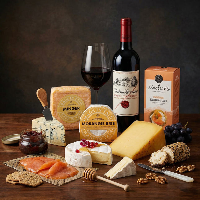 Assorted cheeses, a bottle of red wine, and a glass on a wooden table with a dark background.