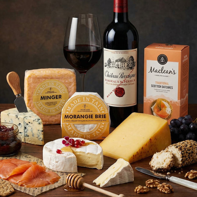 Assorted cheeses, a bottle of red wine, and a glass on a wooden table with a dark background.