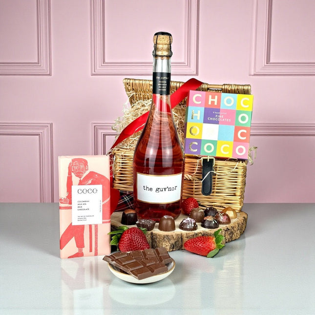 Rosé wine and chocolate gift box with artisan chocolates and The Guv'nor Rosé wine