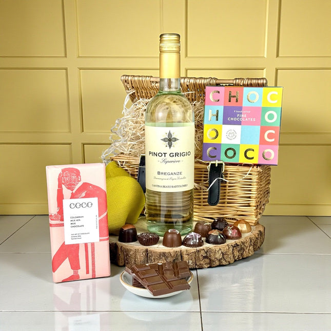 White wine and chocolate gift hamper with Pinot Grigio and artisan chocolates hand-packed in Scotland